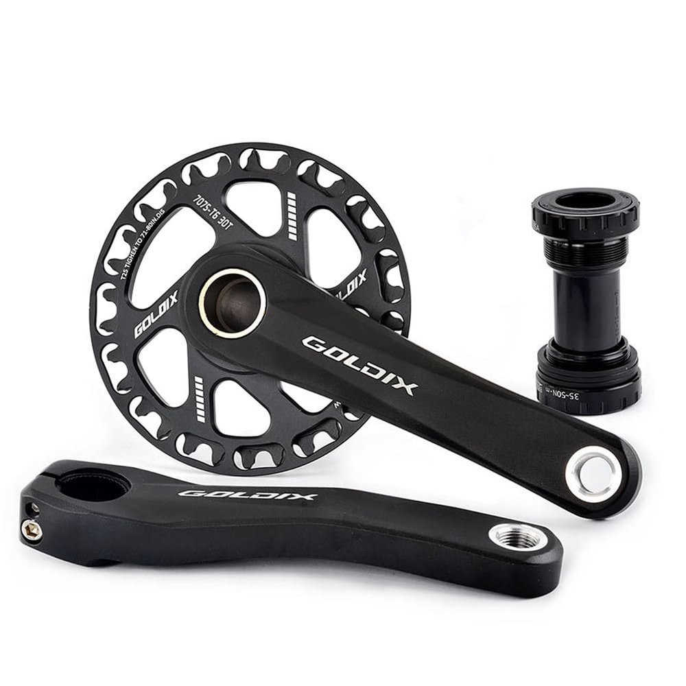 Folding Bike Crankset,110/127/140/150/155/160MM Children's Mountain Bikes Crank Arms Set, 28/30/32/34/36T Hollow Integrated Single Speed Round Narrow Wide Chainring 7-12Speed With BB Black(30T,155mm)