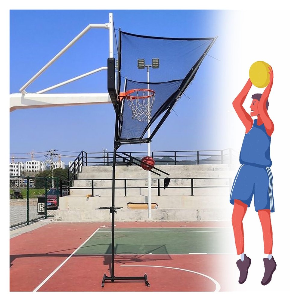 Movable Automatic Basketball Net Rebounder, 180 Rotating Shooting Practice Attachment Return Net - Adjustable Height, for Traditional Pole & Wall Mounted Hoops, Indoor Outdoor