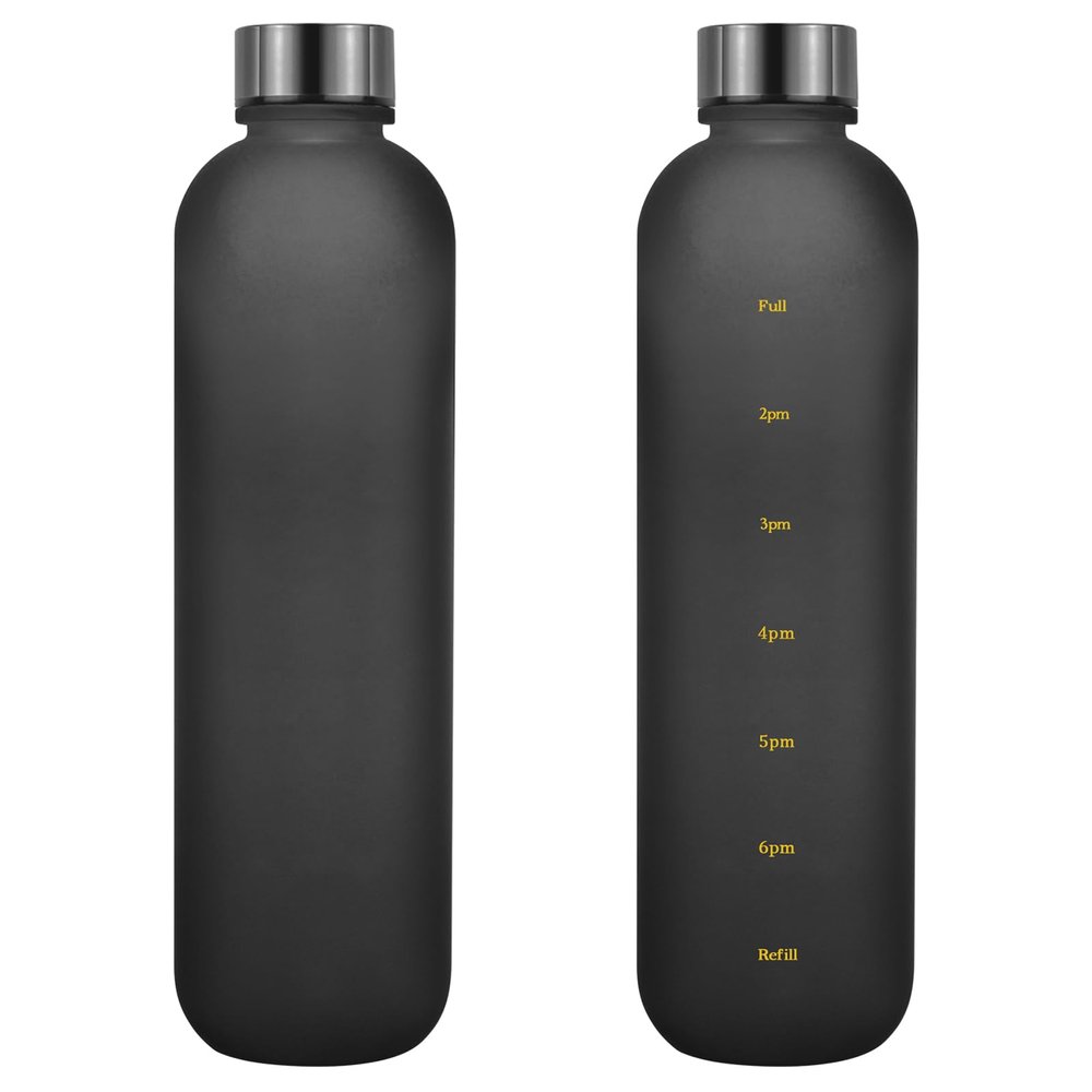25oz/750ml Motivational Sports Water Bottle, Water Bottle with Drinking Time Marker, Wide Mouth Leakproof Sports Water Bottle, Tritan Material, BPA Free, with Shoulder Strap (black)