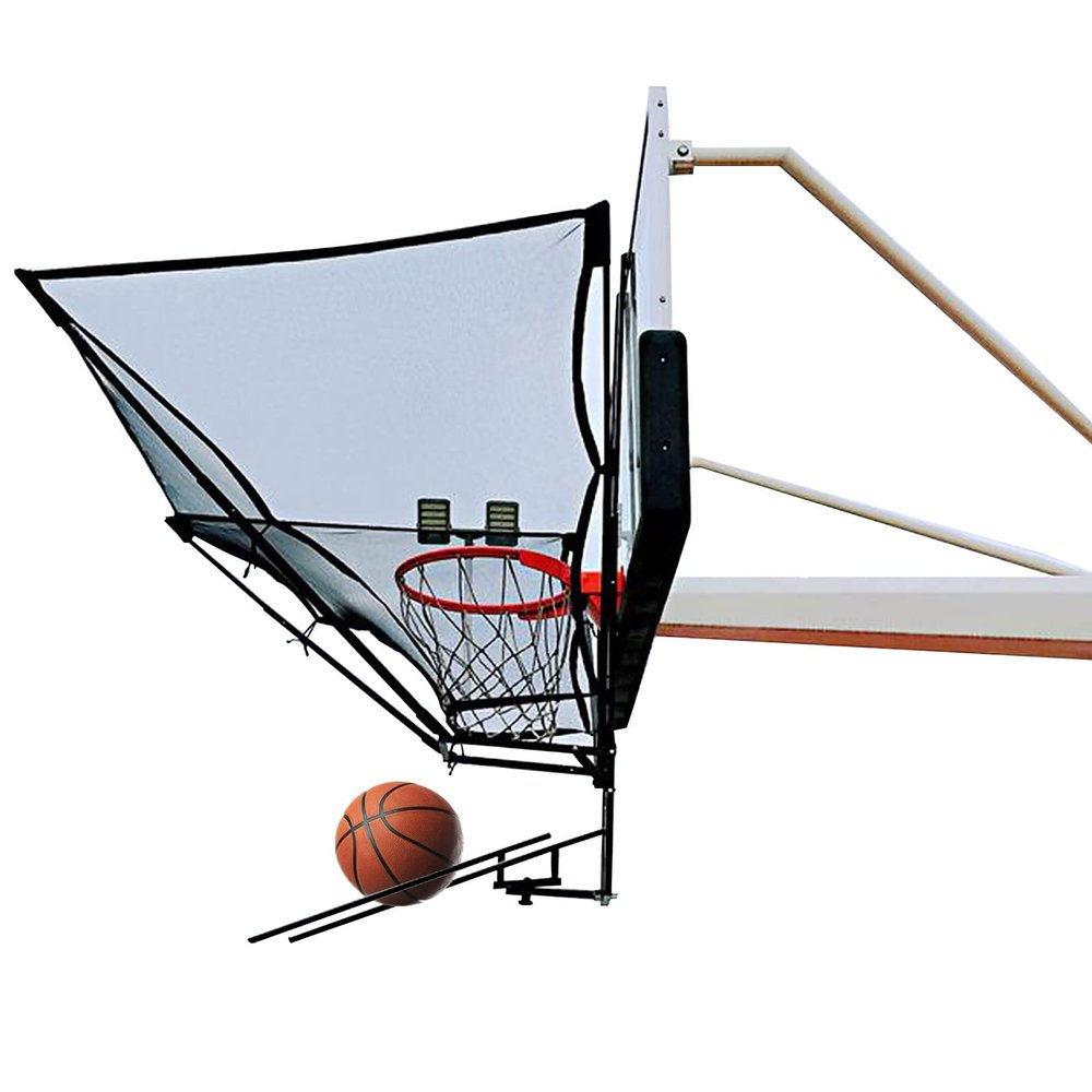 Basketball Rebound Net Return System Foldable, Black Iron Shooting Practice Rebounder Attachment 180 Rotatable, for Kids Youth Adults, with Storage Bag