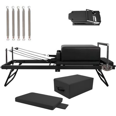 DJXIK Aluminum Pilates Reformer Set, Foldable Pilates Home Fitness Equipment, Pilates Reformer Stretch Training Bed, Equipped with Pilates Sitting Box and Springboard,A
