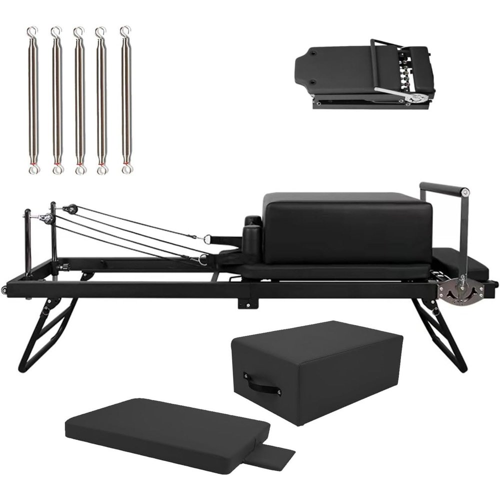 DJXIK Aluminum Pilates Reformer Set, Foldable Pilates Home Fitness Equipment, Pilates Reformer Stretch Training Bed, Equipped with Pilates Sitting Box and Springboard,A