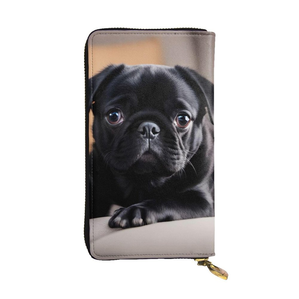 YYHWHJDE Cute Black Pug Dog Printing Leather long clutch wallet Designed for fashion girls and women stylish and personalized 7.48 x 4.13 in