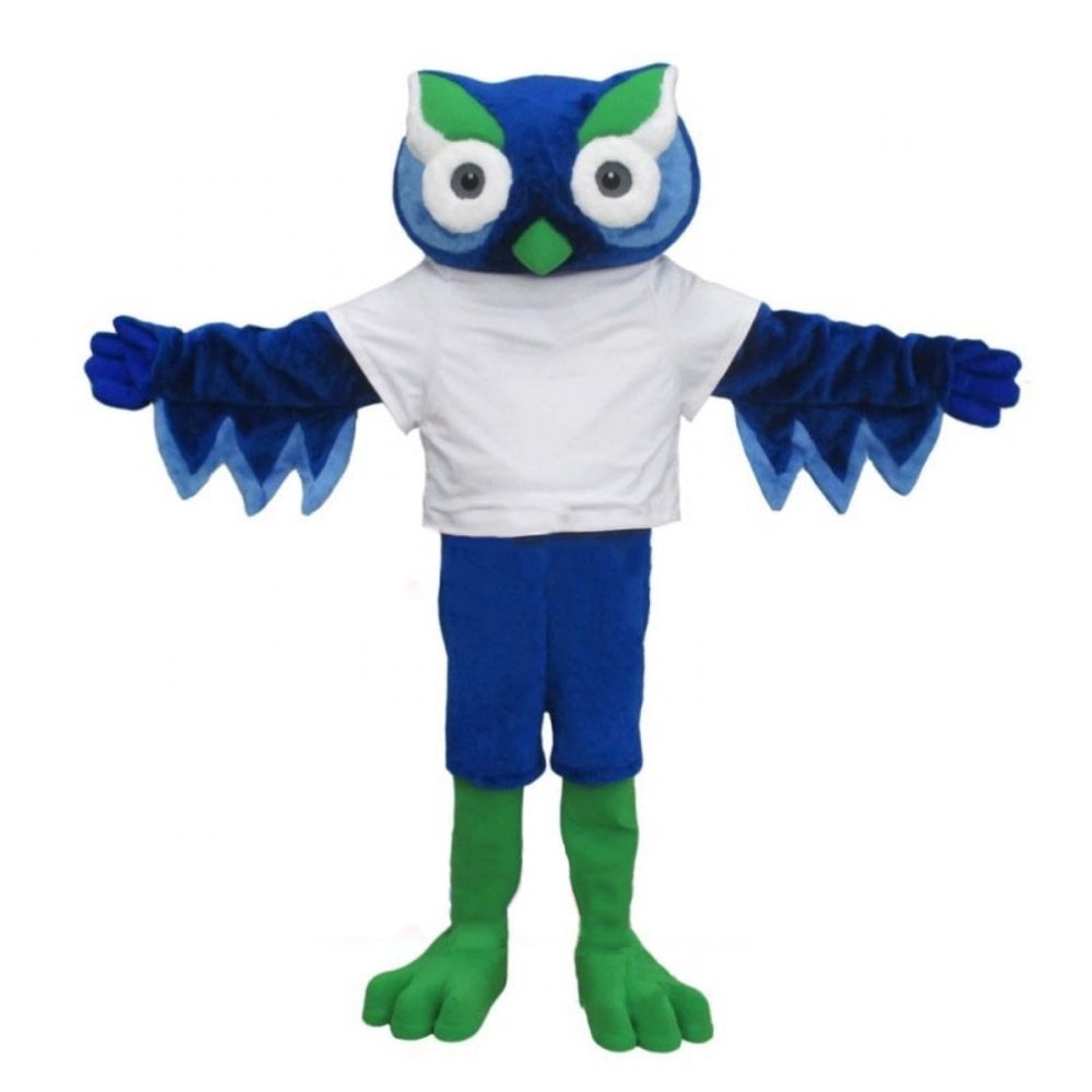 Blue Owl Mascot Costume Adult Size for Men & Women with Built-in Fan Inside the Head