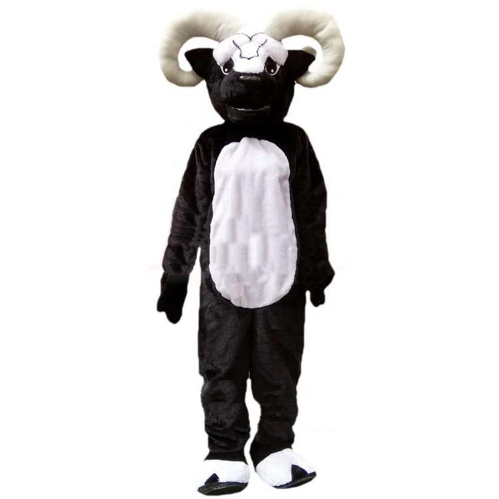 Black Goat With Hale Horns Mascot Costume Adult Size for Men & Women with Built-in Fan Inside the Head