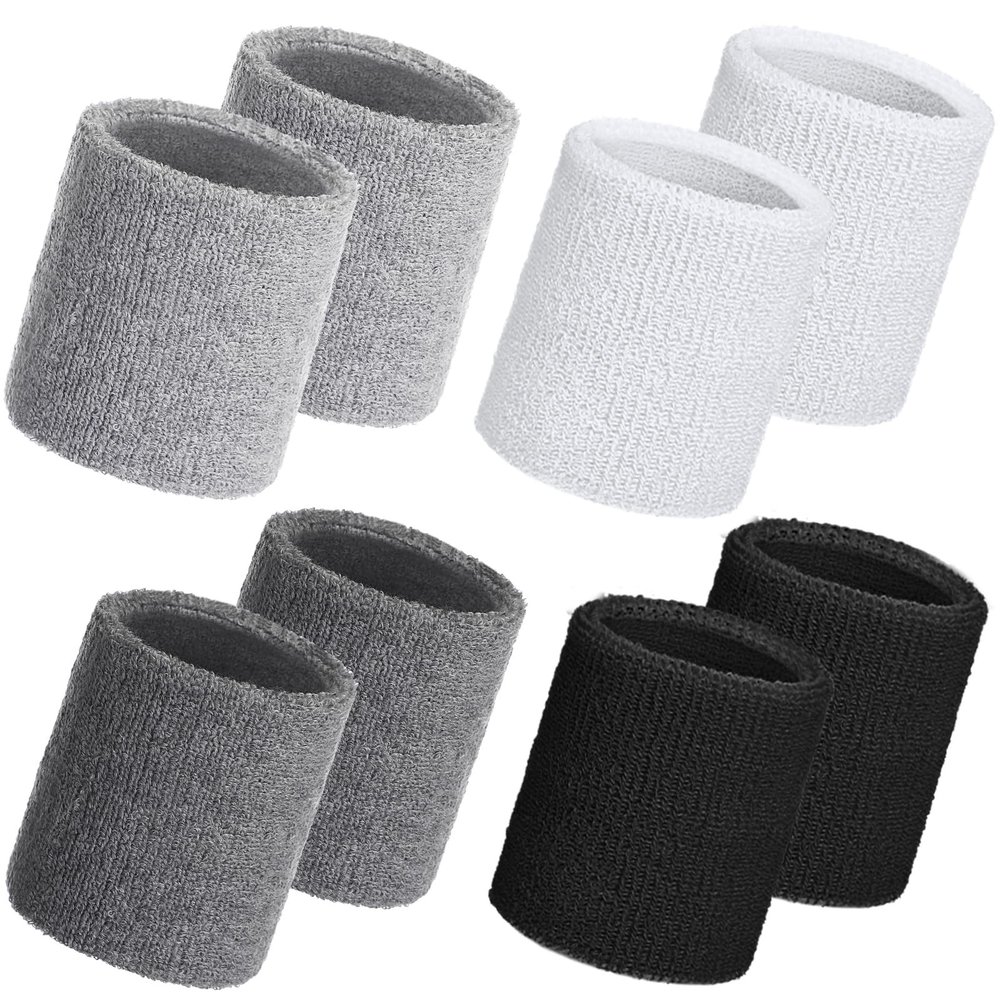 Willbond 8 Pack Wrist Sweatbands Sports Wristbands Tennis Sweatbands Neon 80s Thick Cotton Gymnastics Sweat Band International Sports Athletic Wristband for Men Women Party(White Grey Dark)
