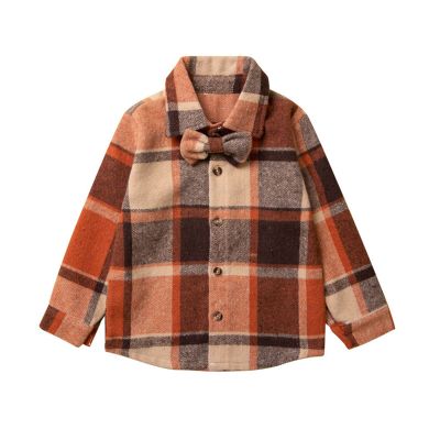 Toddler Baby Boy Girls Flannel Shirts Jacket with Bow Plaid Long Sleeve Button Down Shacket (Orange, 12-18 Months)
