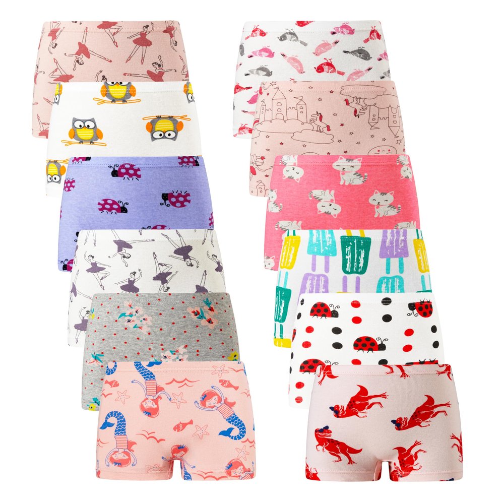 Cadidi Dinos Girl 100% Cotton Boyshort Underwear, Assorted Panties (Pack of 12) Soft Undies Size Red 8