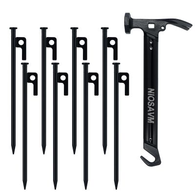 NIOSAVM Heavy Duty Tent Stakes with Hammer - 8pcs 9.8" Carbon Steel Camping Stakes & 11" Mallet, Windproof Stakes for Beach/Rocky Ground, Includes Storage Bag & Anti-Rust Protective Caps