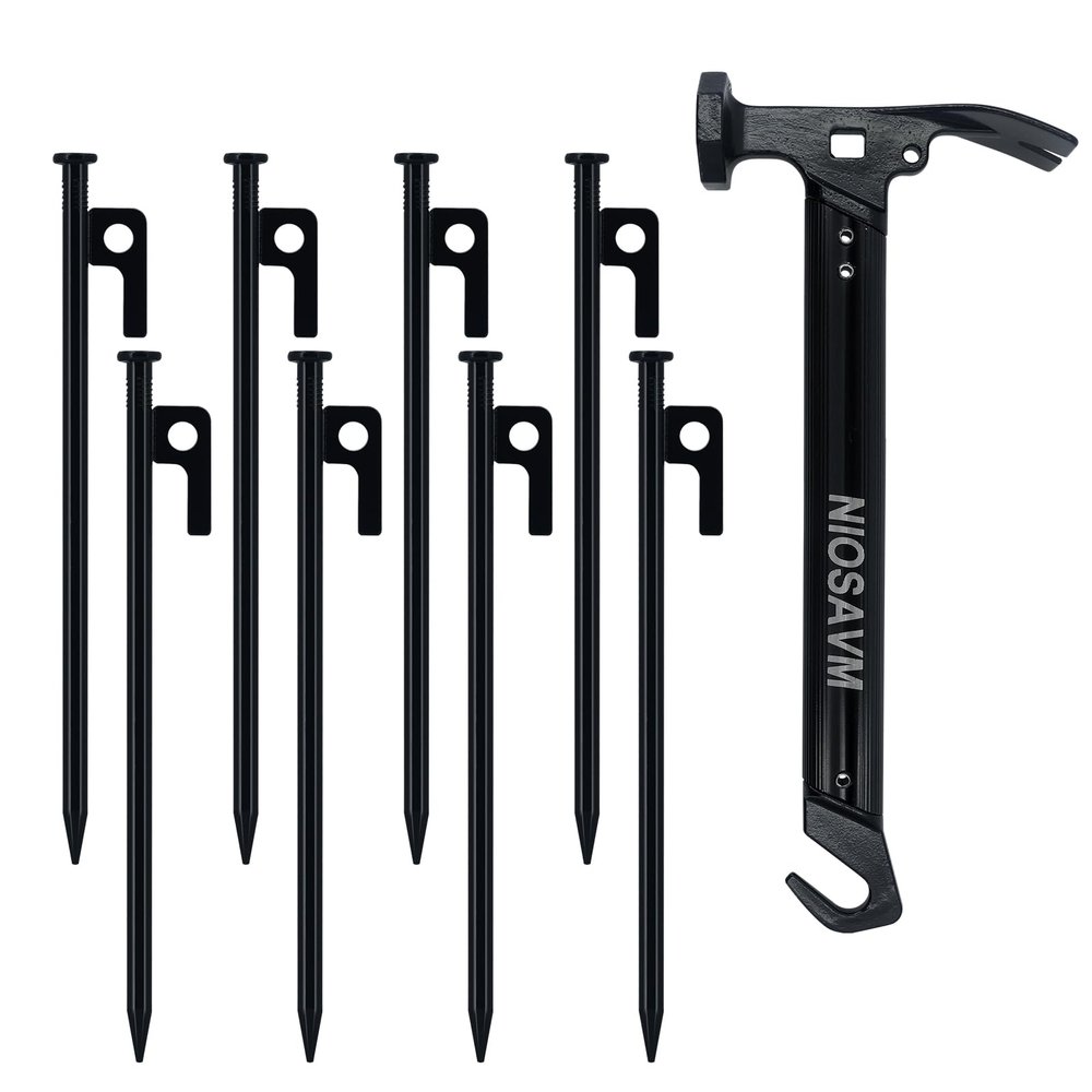 NIOSAVM Heavy Duty Tent Stakes with Hammer - 8pcs 9.8" Carbon Steel Camping Stakes & 11" Mallet, Windproof Stakes for Beach/Rocky Ground, Includes Storage Bag & Anti-Rust Protective Caps