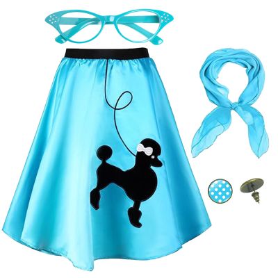 Zwirelz 1950s Poodle Skirt Costume Outfit for Women 4 Pcs 50s Vintage High Waist Swing A-Line Skirt Scarf Eyeglasses Earrings