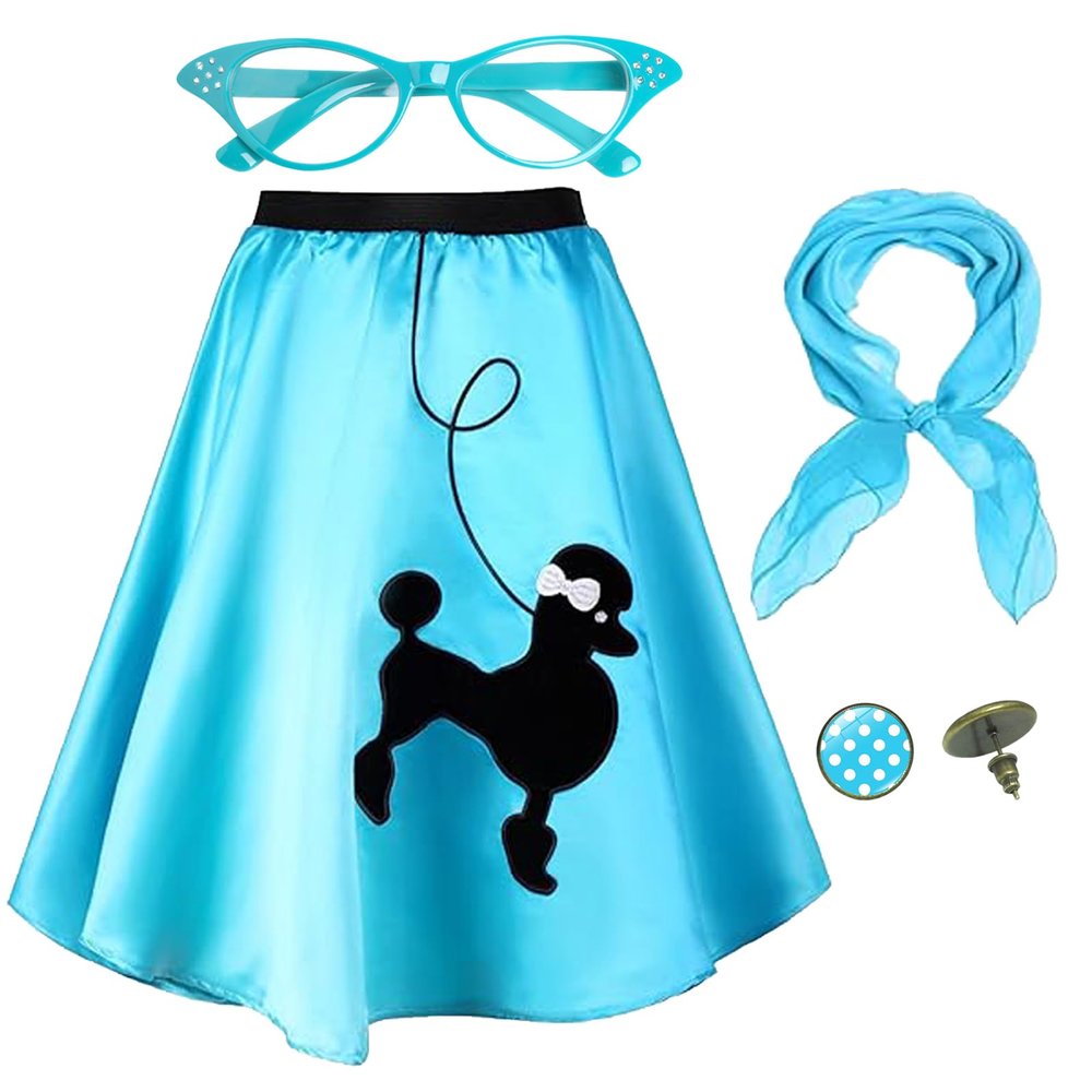 Zwirelz 1950s Poodle Skirt Costume Outfit for Women 4 Pcs 50s Vintage High Waist Swing A-Line Skirt Scarf Eyeglasses Earrings