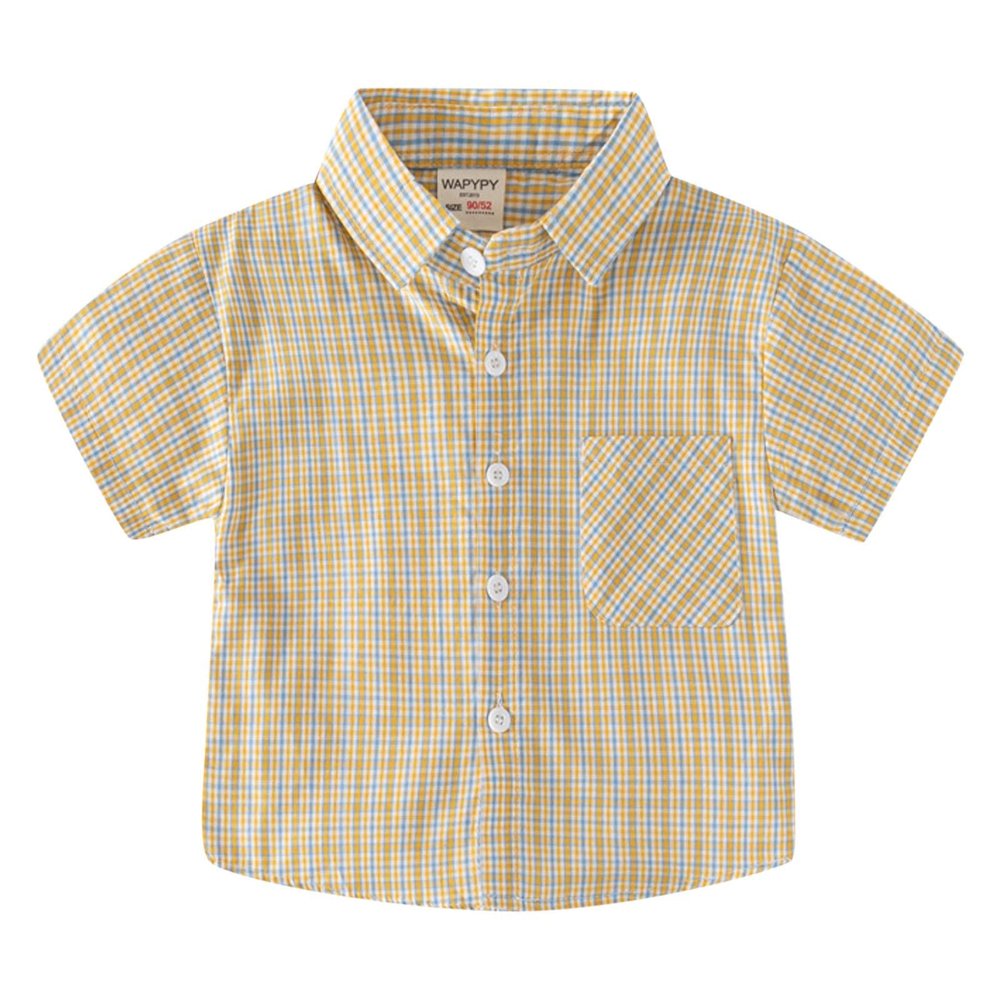 Baby Boys and Toddler Casual Short Sleeve Button Down Plaid Shirts Summer T-Shirt for Kids Outwear (A-Yellow, 4-5 Years)