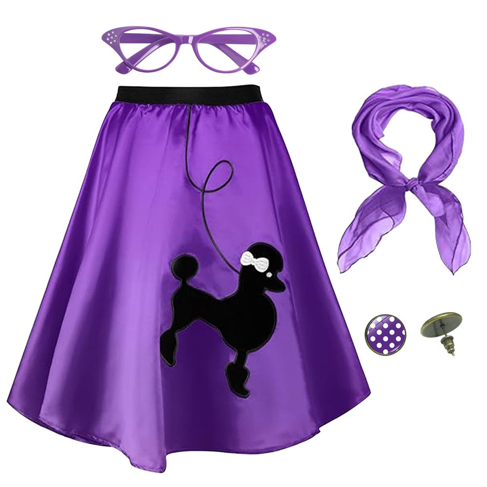 Zwirelz 1950s Poodle Skirt Costume Outfit for Women 4 Pcs 50s Vintage High Waist Swing A-Line Skirt Scarf Eyeglasses Earrings
