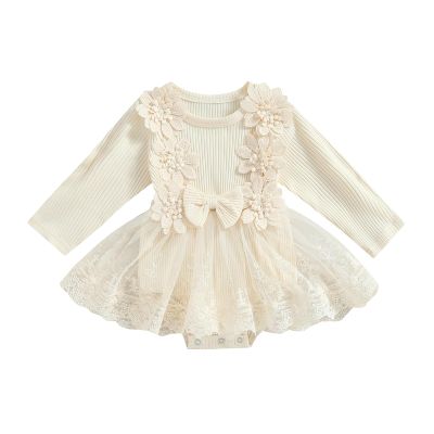 Baby Girl Romper Dress Long Sleeves Embroidered Flowers Ribbed Knitted Bow Lace Tutu Skirts (Solid Beige, 0-3M)