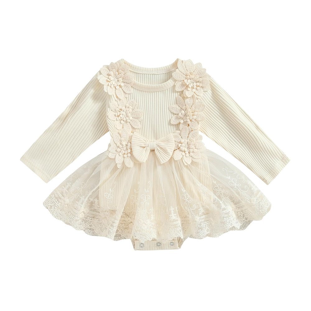 Baby Girl Romper Dress Long Sleeves Embroidered Flowers Ribbed Knitted Bow Lace Tutu Skirts (Solid Beige, 0-3M)