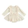 Baby Girl Romper Dress Long Sleeves Embroidered Flowers Ribbed Knitted Bow Lace Tutu Skirts (Solid Beige, 0-3M) view 1
