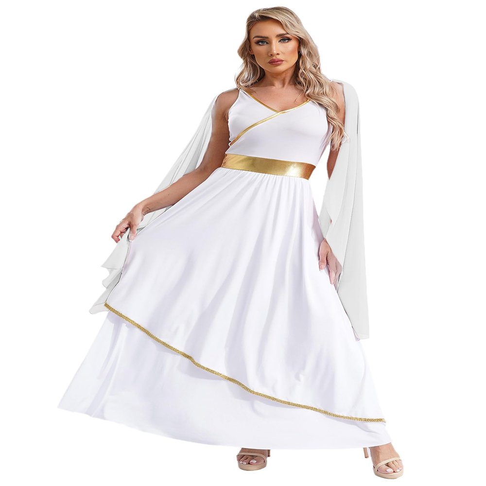 winying Women Ancient Greek Roman Queen Dance Dress Sleeveless Chiffon Tunic Robe Church Worship Costume White Small