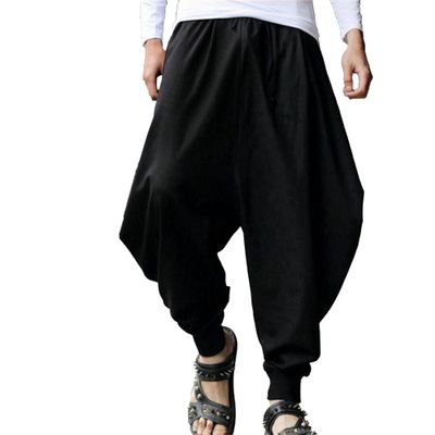 QOAAIE Men's Drawstring Hippie Harem Pants Loose Elastic Waist Drop Crotch Trousers Retro Stretchy Lounge Pants (Black,Large)