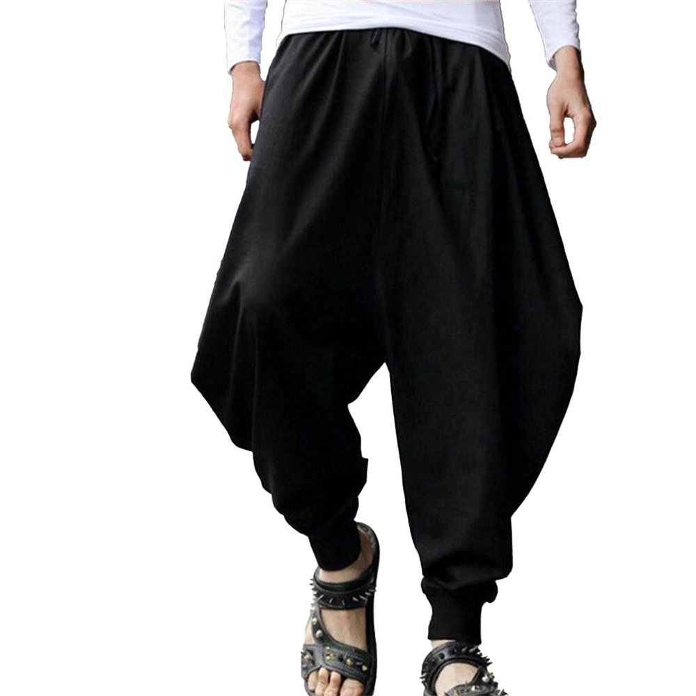 QOAAIE Men's Drawstring Hippie Harem Pants Loose Elastic Waist Drop Crotch Trousers Retro Stretchy Lounge Pants (Black,Large)