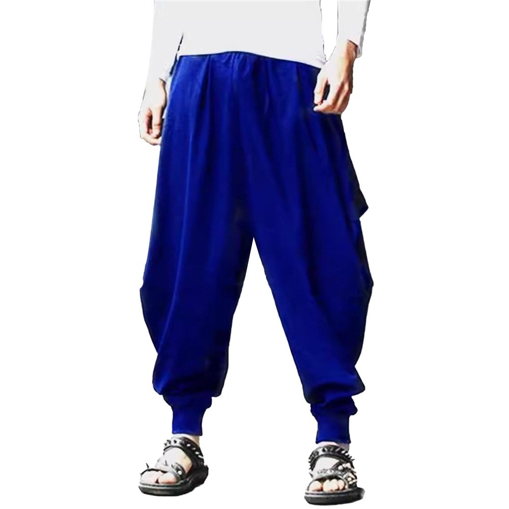 QOAAIE Men's Drawstring Hippie Harem Pants Loose Elastic Waist Drop Crotch Trousers Retro Stretchy Lounge Pants (Dark Blue2,4X-Large)