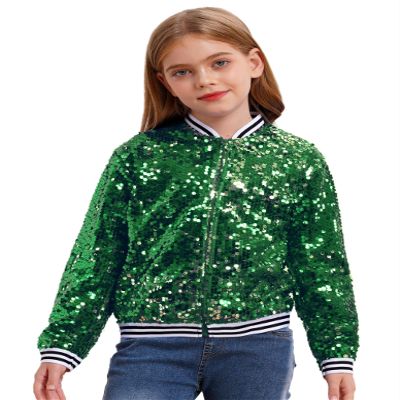 Lorilida Girls Shiny Sequin Bomber Jacket Long Sleeve Lightweight Sparkle Jackets Coat Club Party Tops Green 10 Years
