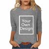 3/4 Sleeve Custom T Shirts for Women Design Your Own Shirt Add Image Personalized Soft Tee Tops Printed Photo Front 3/4 Sleeve T Shirts for Women Custom Gray view 1