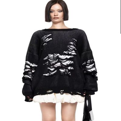 Insarue Women's Perforated Sweater Gothic Loose Fashion Sweater Contrasting Long Sleeved Pullover Sweater Y2K Sweater (Black,S,Small)