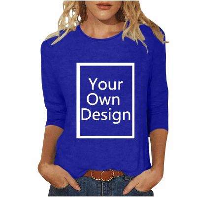 3/4 Sleeve Custom T Shirts for Women Design Your Own Shirt Add Image Personalized Soft Tee Tops Printed Photo Front 3/4 Sleeve T Shirts for Women Blue