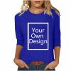 3/4 Sleeve Custom T Shirts for Women Design Your Own Shirt Add Image Personalized Soft Tee Tops Printed Photo Front 3/4 Sleeve T Shirts for Women Blue view 1