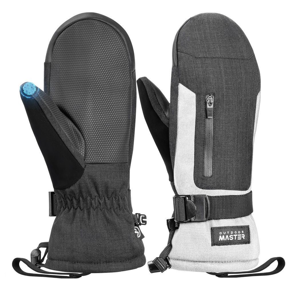 OutdoorMaster Ski Snow Mittens for Women & Men, Thermal Snowboard Ski Gloves Screen Touch, Warm Winter Anti-Slip Waterproof with Double-Pocket for Cold Weather Sports, Skiing, Snowboarding