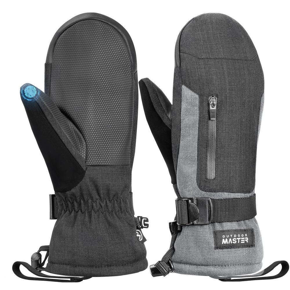 OutdoorMaster Ski Snow Mittens for Women & Men, Thermal Snowboard Ski Gloves Screen Touch, Warm Winter Anti-Slip Waterproof with Double-Pocket for Cold Weather Sports, Skiing, Snowboarding