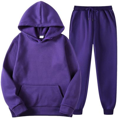 CCHZYSKO Tracksuit 2 Piece Autumn Winter Solid Casual Jogger Gym Sport Pocket Long Sleeve Sweatsuit Hoodies and Sweatpant Set 02-Purple