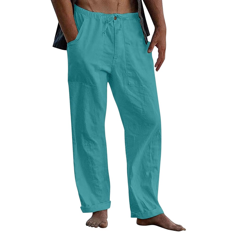 QOAAIE Men's Drawstring Linen Pants Loose Casual Summer Beach Trousers Lightweight Jogger Yoga Pants with Pockets (Cyan,X-Large)