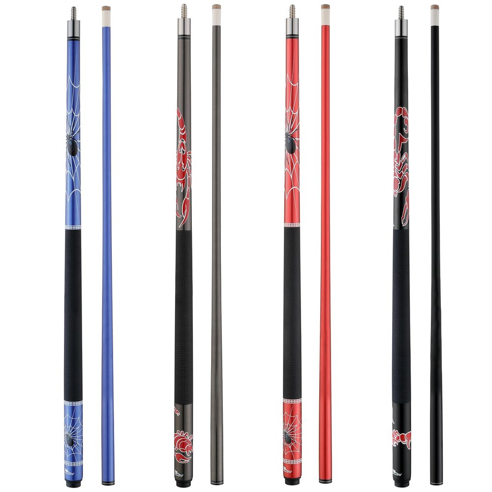 HMQQ 58" 2-Piece Fiberglass Graphite Composite Billiard Pool Cue Sticks (Several Colors Available, Weight from 19oz) (Set of 4)