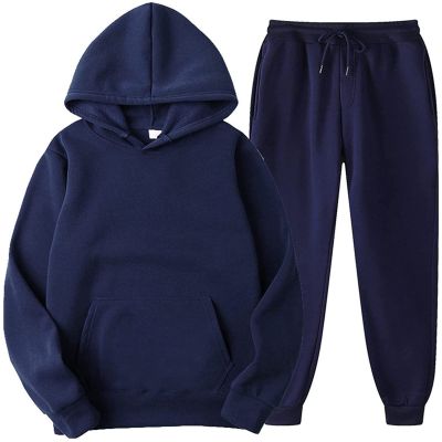CCHZYSKO Tracksuit 2 Piece Autumn Winter Solid Casual Jogger Gym Sport Pocket Long Sleeve Sweatsuit Hoodies and Sweatpant Set 01-Navy
