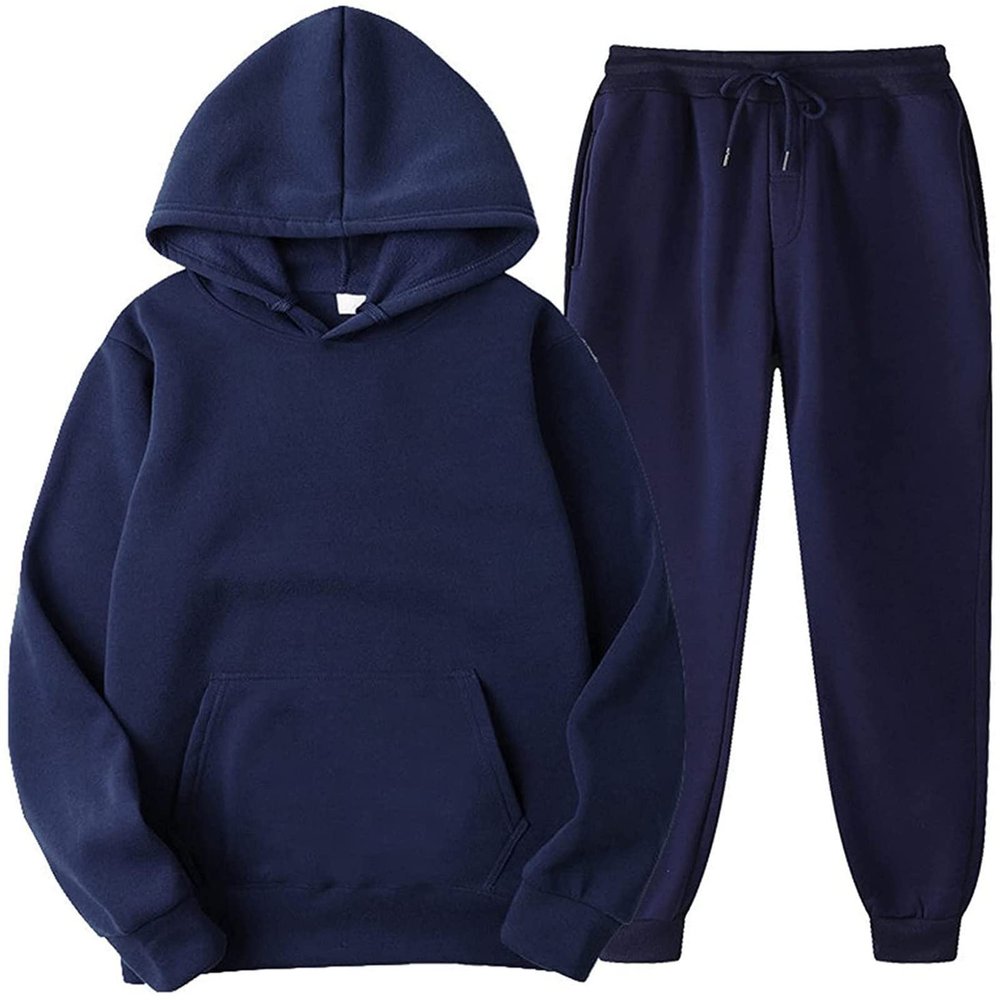 CCHZYSKO Tracksuit 2 Piece Autumn Winter Solid Casual Jogger Gym Sport Pocket Long Sleeve Sweatsuit Hoodies and Sweatpant Set 01-Navy