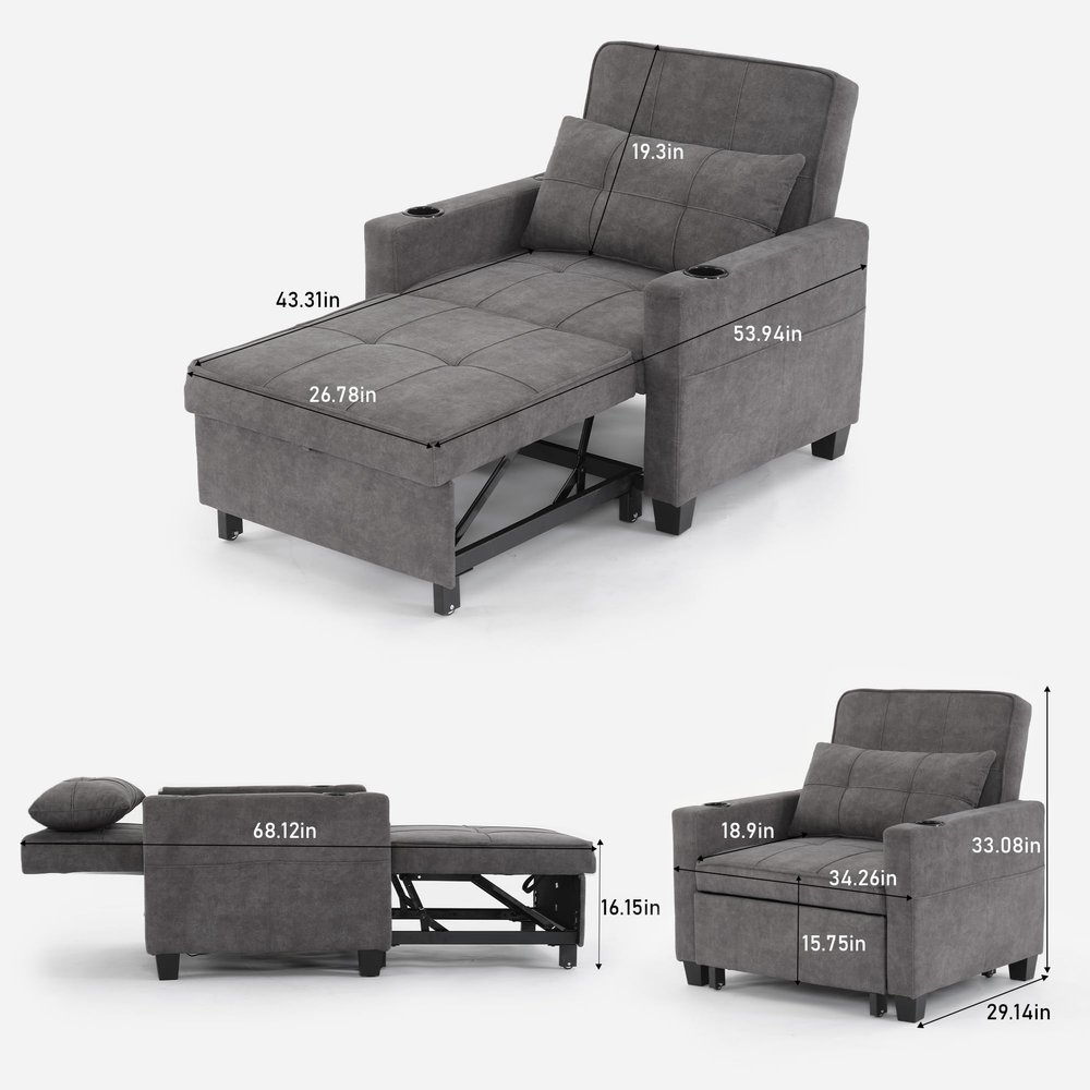 Chair Bed Convertible Chair 3-in-1 Pull Out Sleeper with USB Ports, Anti-Scratch and Wear-Resistant Armchair Bed Sleeper for Living Room Furniture(Tech Cloth, Dark Gray)