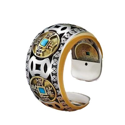 Five Emperors Coin Ring, Feng Shui Ring for Men, 925 Sterling Silver Lucky Amulet Rings, Positive Energy Adjustable Good Luck Rings for Protecting Wealth (B)