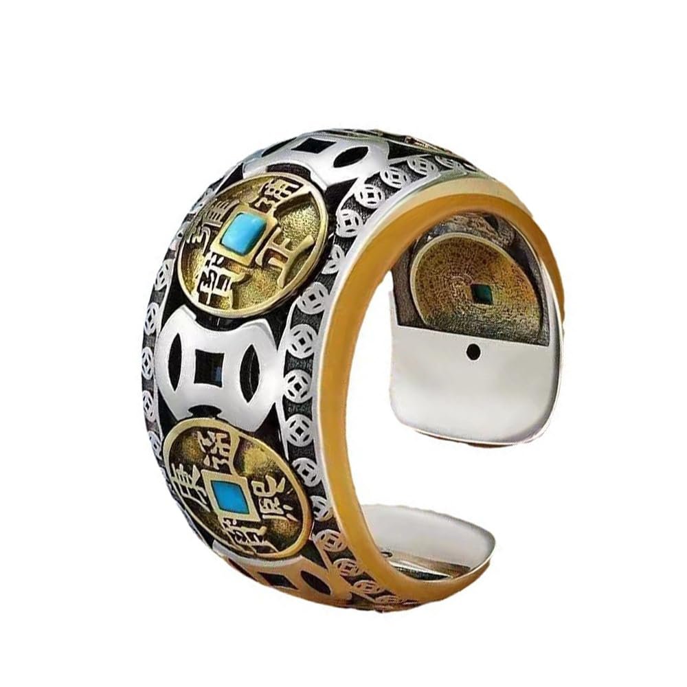Five Emperors Coin Ring, Feng Shui Ring for Men, 925 Sterling Silver Lucky Amulet Rings, Positive Energy Adjustable Good Luck Rings for Protecting Wealth (B)