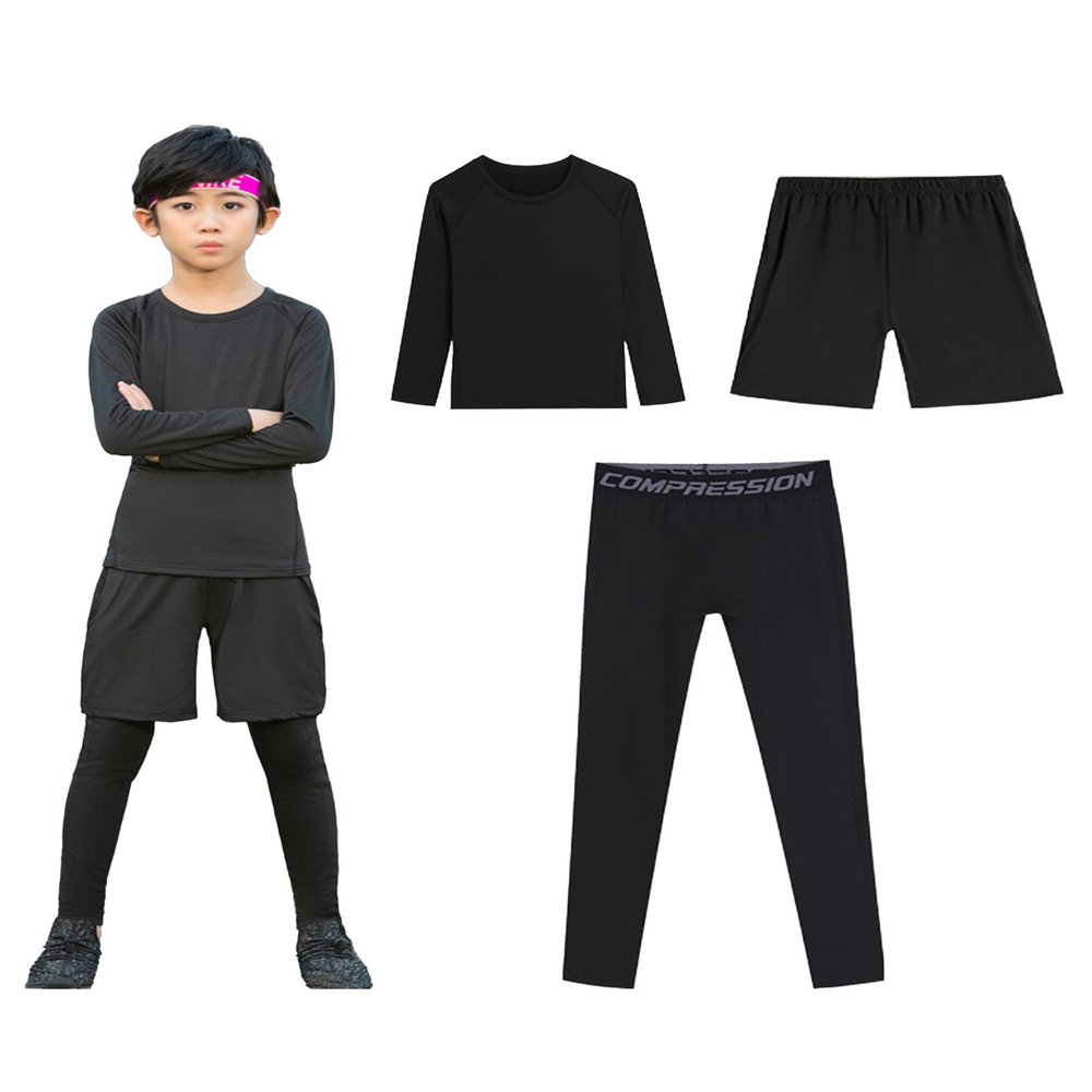 WenGTQ Youth Compression Shirts, Long Sleeve, Moisture Wicking Baselayer, Pack (3-piece set, Small)