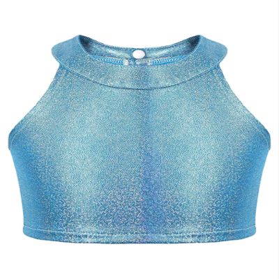 winying Girls Sparkle Hip Hop Dance Tank Top Metallic Sleeveless Halter Neck Tee Vest for Kids Tumbling Top Blue 13-16 Years