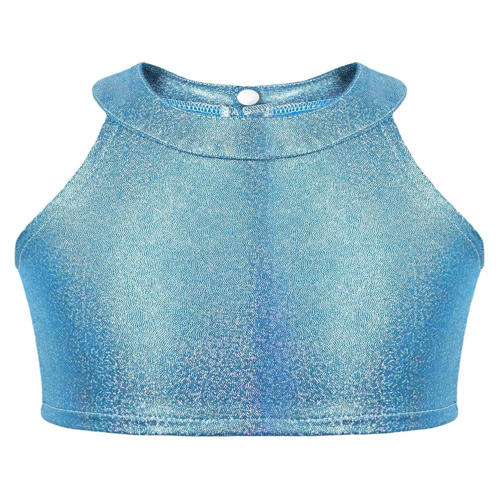 winying Girls Sparkle Hip Hop Dance Tank Top Metallic Sleeveless Halter Neck Tee Vest for Kids Tumbling Top Blue 13-16 Years