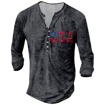 DMOYALA Mens Henley Shirts Flag USA Grey Graphic Printed Long Sleeve Pullover Shirts 8Pcs Buttons Up Vintage V Neck Trendy Fall Hippie Streetwear Tees Top