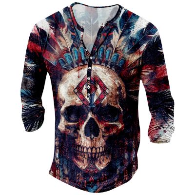DMOYALA Mens Henley Shirts Skull Blue Red Graphic Printed Long Sleeve Pullover Shirts 8Pcs Buttons Up Vintage V Neck Trendy Fall Hippie Streetwear Tees Top