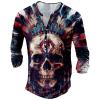 DMOYALA Mens Henley Shirts Skull Blue Red Graphic Printed Long Sleeve Pullover Shirts 8Pcs Buttons Up Vintage V Neck Trendy Fall Hippie Streetwear Tees Top view 1