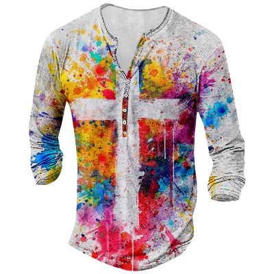 DMOYALA Mens Henley Shirts Cross Painting Graphic Printed Long Sleeve Pullover Shirts 8Pcs Buttons Up Vintage V Neck Trendy Fall Hippie Streetwear Tees Top S