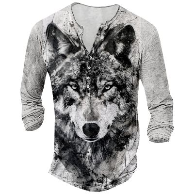 DMOYALA Mens Henley Shirts Wolf Black White Graphic Printed Long Sleeve Pullover Shirts 8Pcs Buttons Up Vintage V Neck Trendy Fall Hippie Streetwear Tees Top