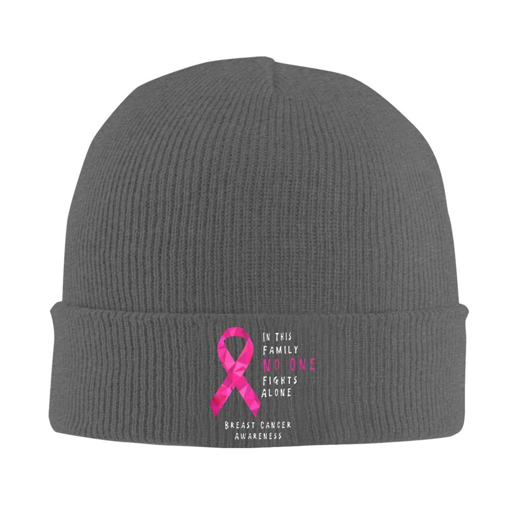 in This Family No One Fights Alone Breast Cancer Awareness Adult Knitted Hat Beanie Winter Warm Skull Hat - Men Women Deep Heather