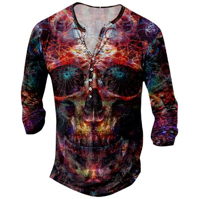 DMOYALA Mens Henley Shirts Skull Red Graphic Printed Long Sleeve Pullover Shirts 8Pcs Buttons Up Vintage V Neck Trendy Fall Hippie Streetwear Tees Top